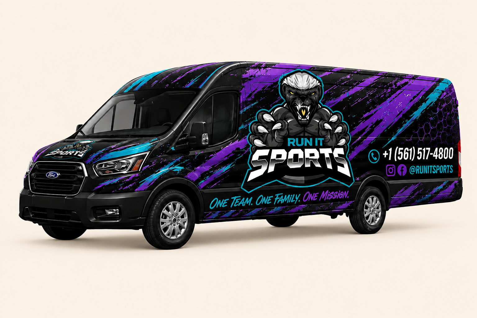 Run It Sports passenger van on a cream background
